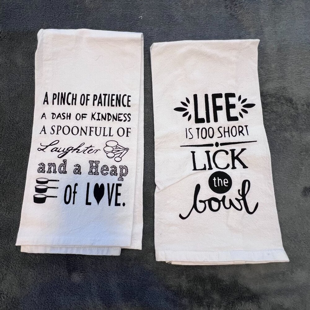 Set Of 2 Kitchen Towels With Cooking Quotes 100% Cotton White 26" x 18"‎